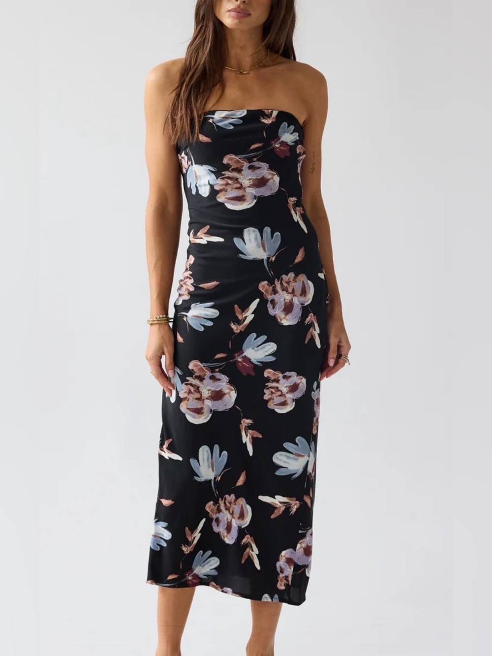 böhme Kendall Strapless Midi Dress Floral Black & Pink NWT